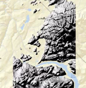 This Canadian Digital Elevation Data has been hill-shaded then overlaid on a background map.